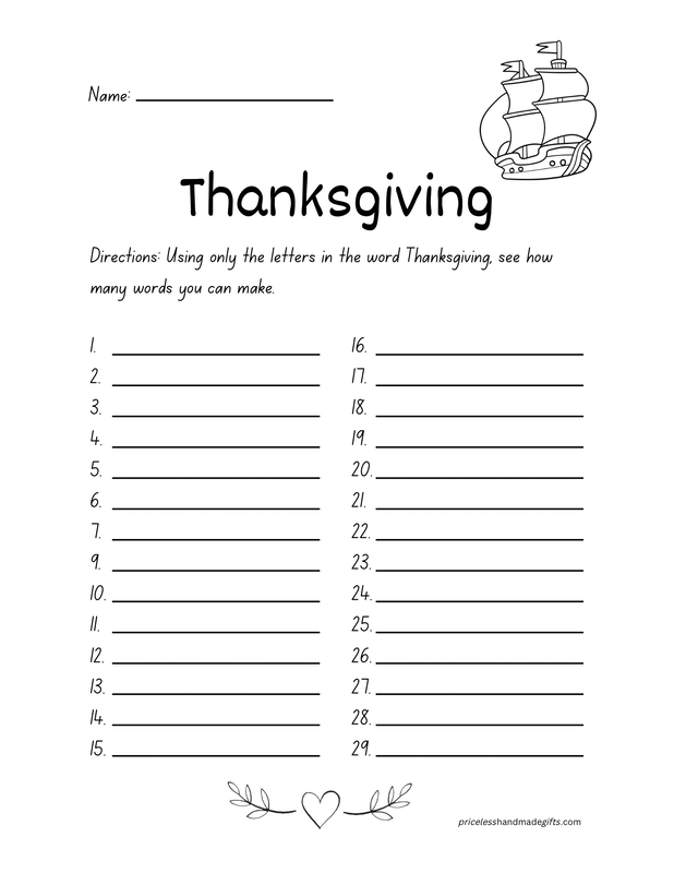 Thanksgiving Words Worksheet