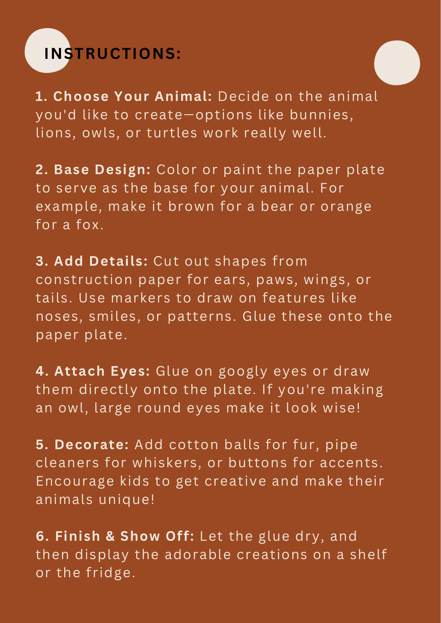 Craft project directions to make paper plate animals with kids.