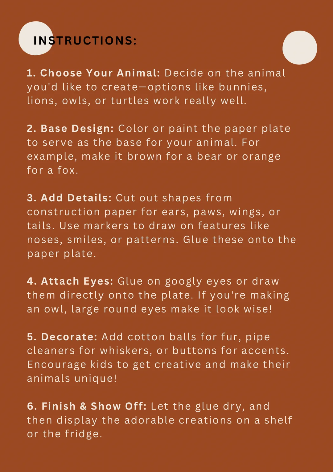 Craft project directions to make paper plate animals with kids.