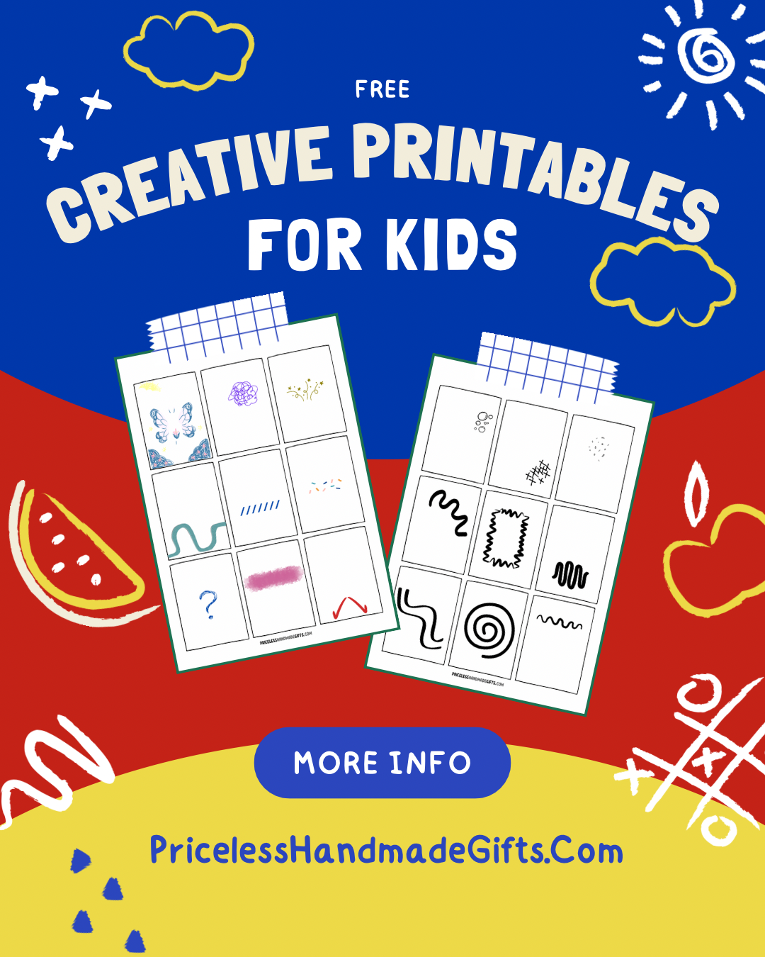 An ad for free creative printables for kids to have fun drawing.
