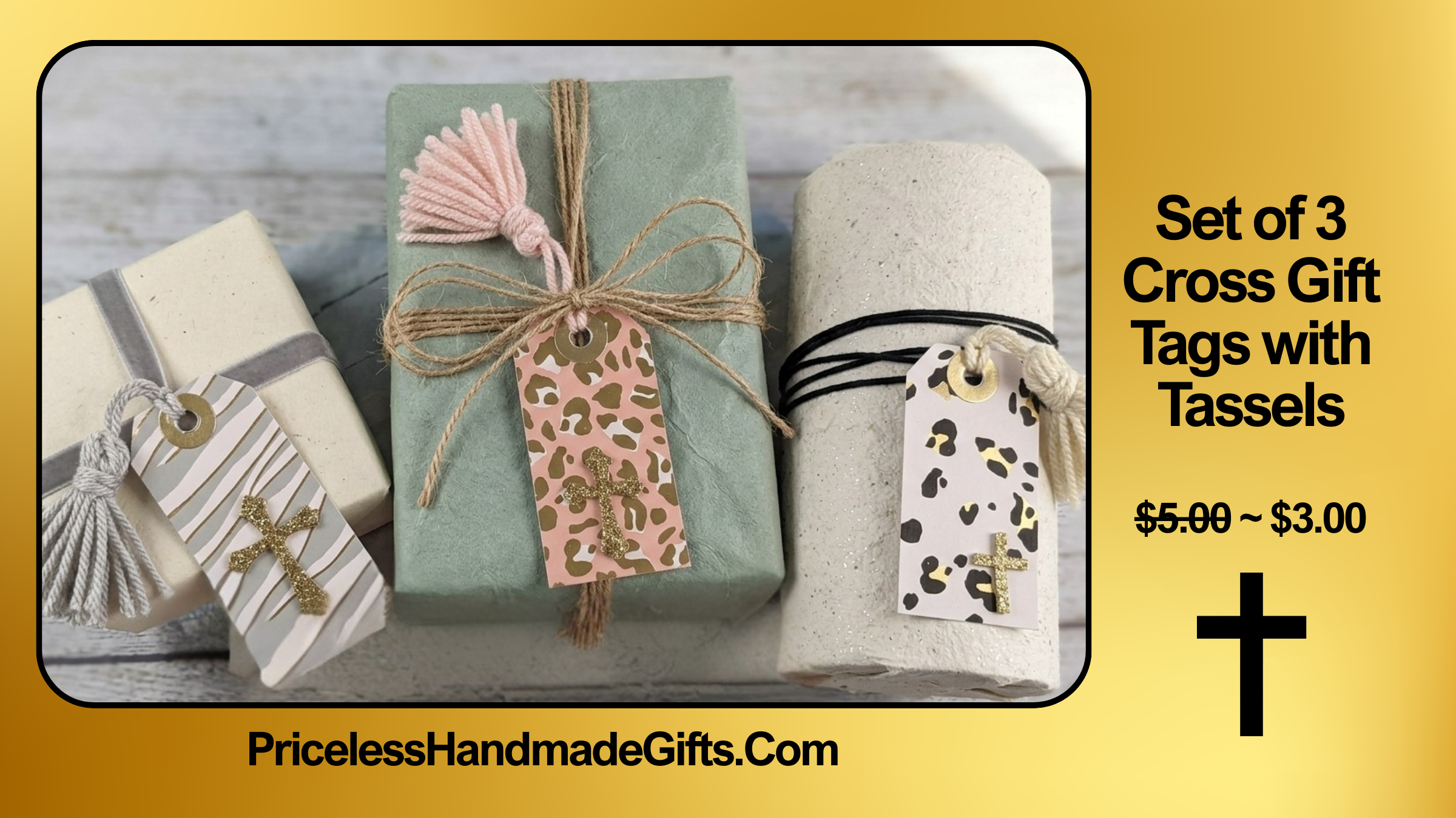 Set of 3 Cross Gift Tags with Tassels