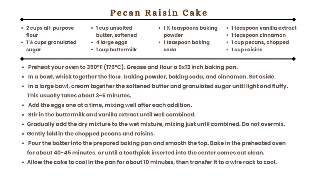 Bake your own delicious Pecan Raisin Cake with our easy-to-make recipe!