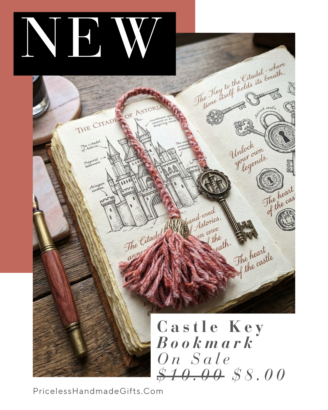 A handmade bookmark made with dark pink yarn and a metal pendant shaped like a key with an image of a castle in it.