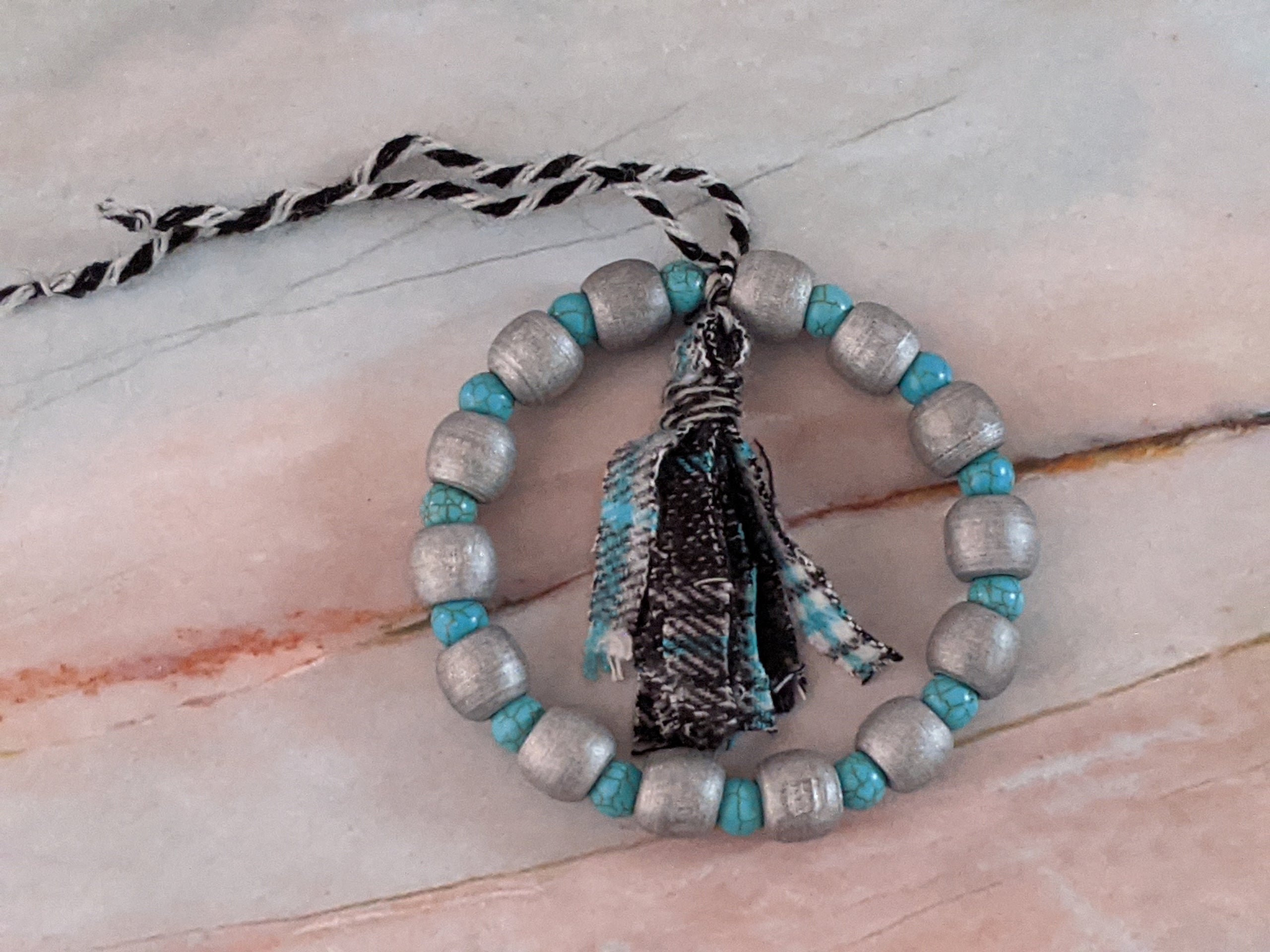 Silver Aqua Bead Tassel Wreath