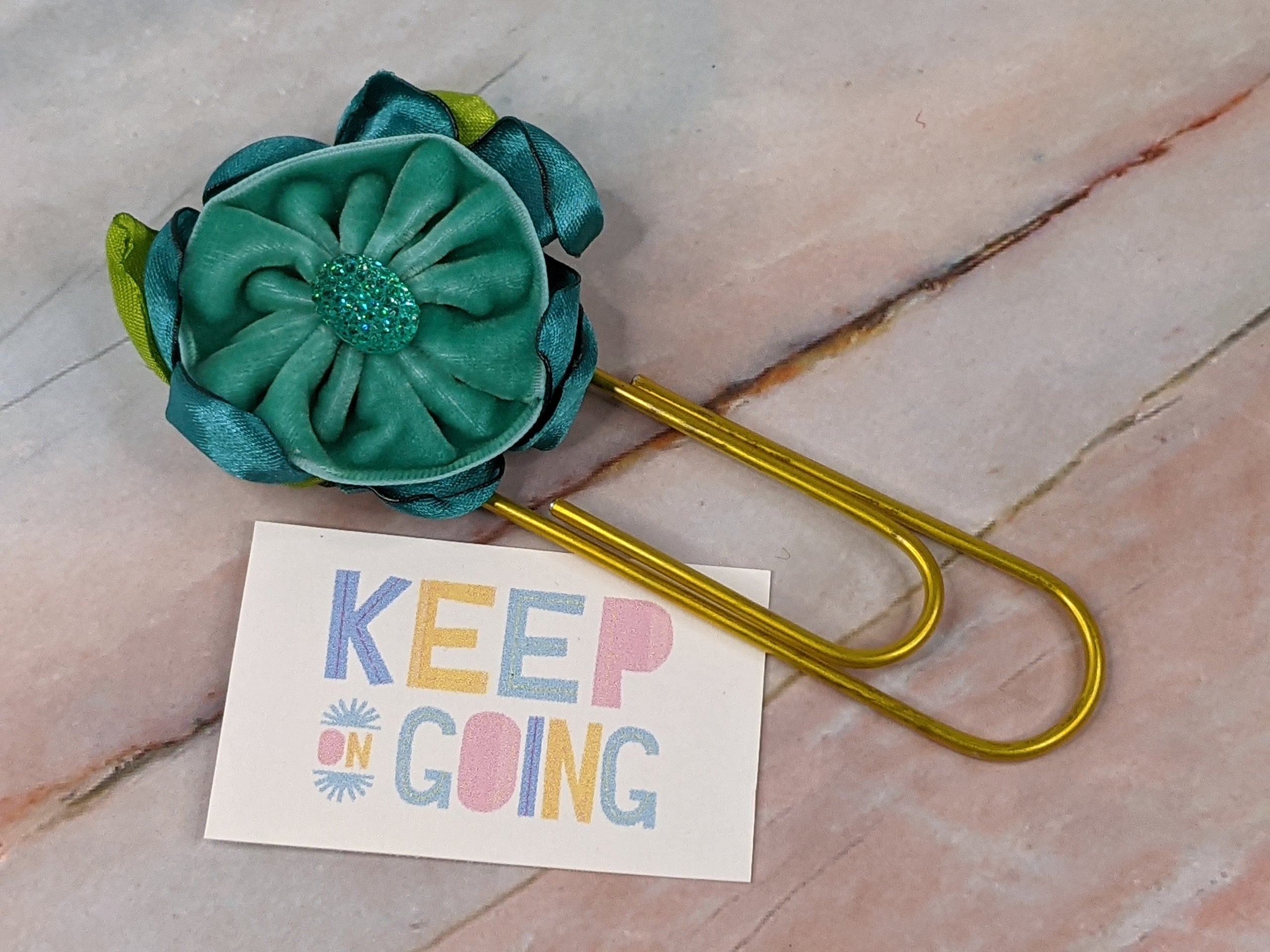 Teal Flower Jumbo Paper Clip "Keep On Going"