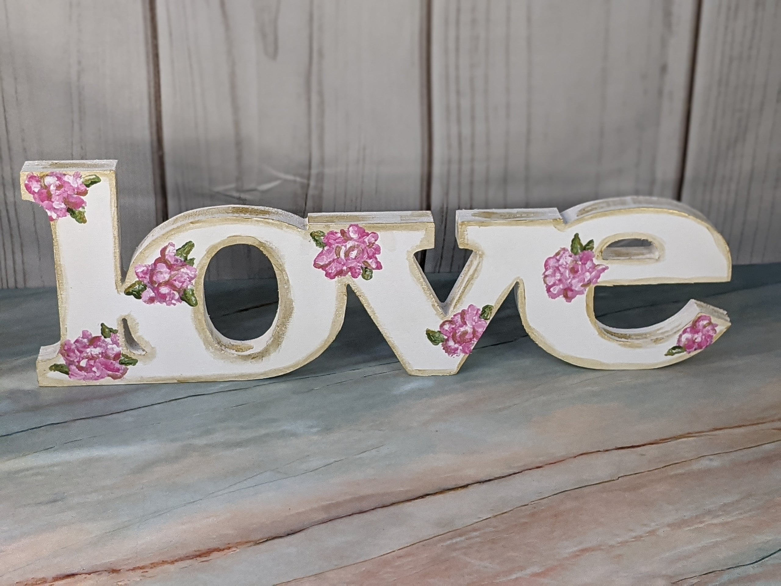Wooden Love Decor with Painted Flowers
