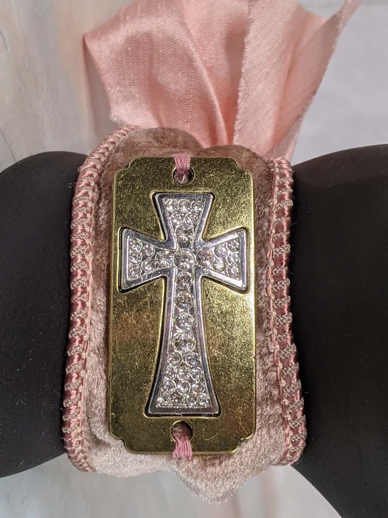 Rose Ribbon Bracelet with Metal Cross Tag