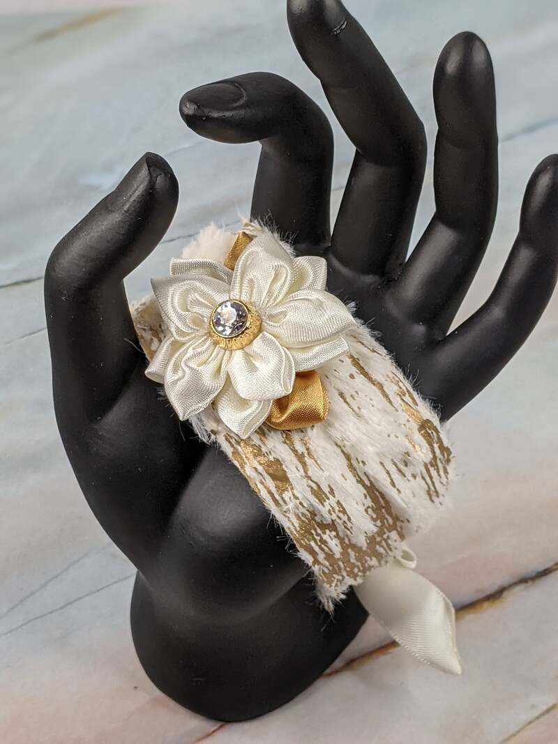 Cream and Gold Faux Fur Satin Flower Bracelet