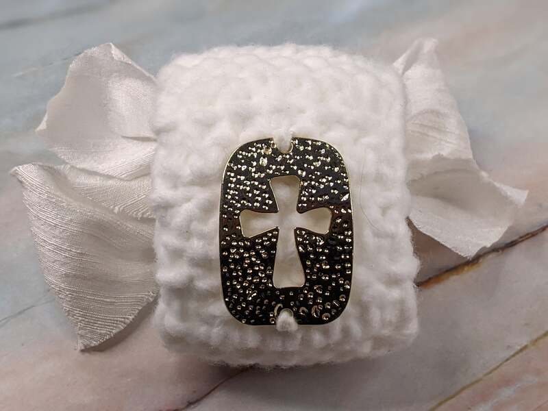 Gold Cross Crochet White Tie Bracelet