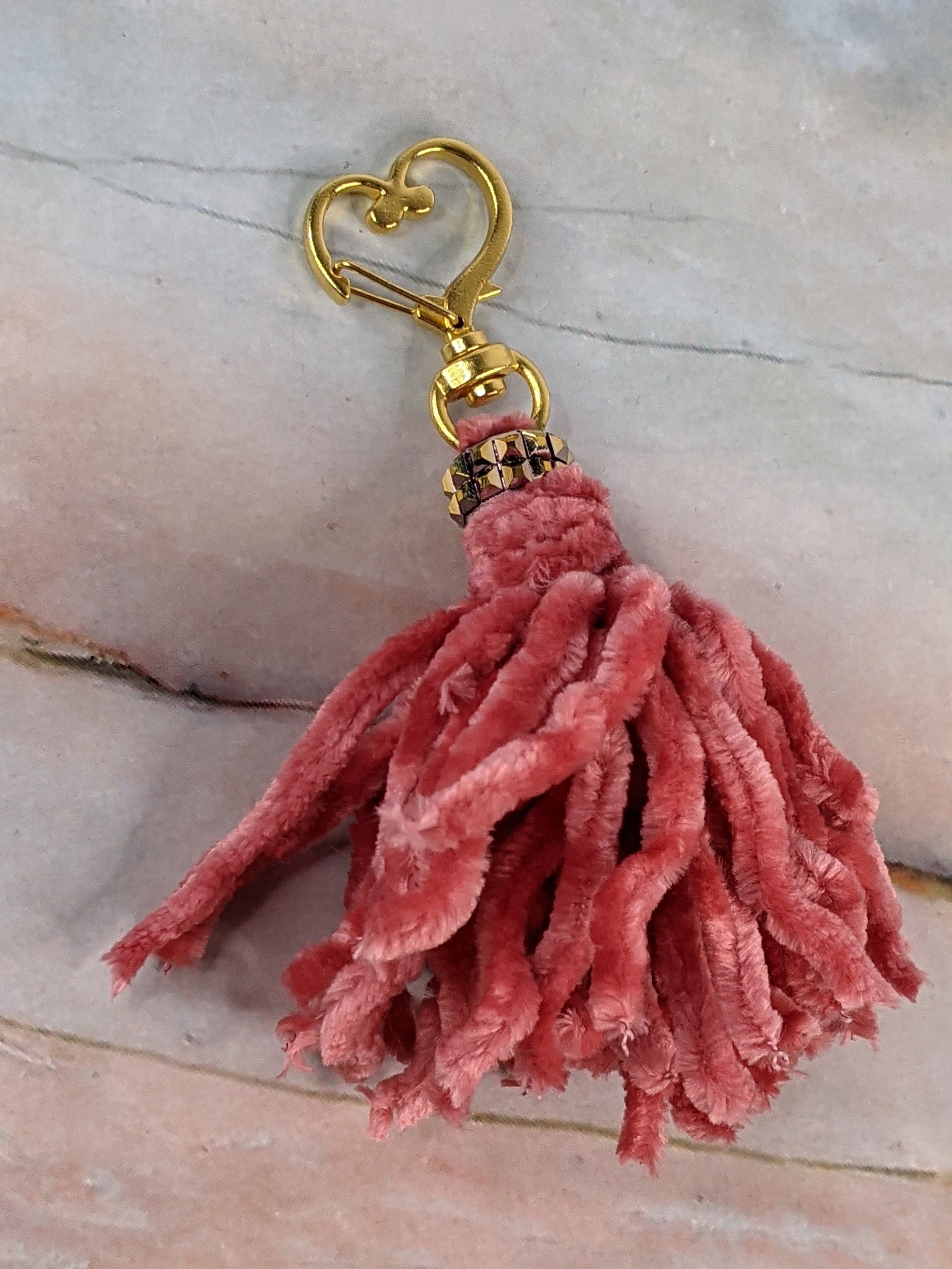 Pink Velvet Yarn Tassel with Heart Clip