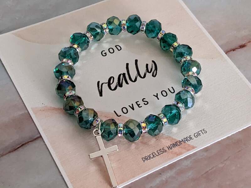 Teal Glass Metal Cross Bracelet