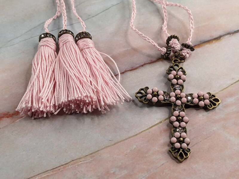 Pink & Gold Cross Bookmark with 3 Tassel Strands